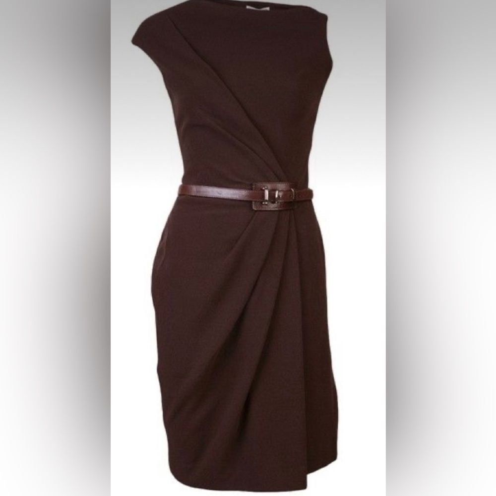 KAUFMANFRANCO wool blend sleeveless dress w/ ruched accents leather belt